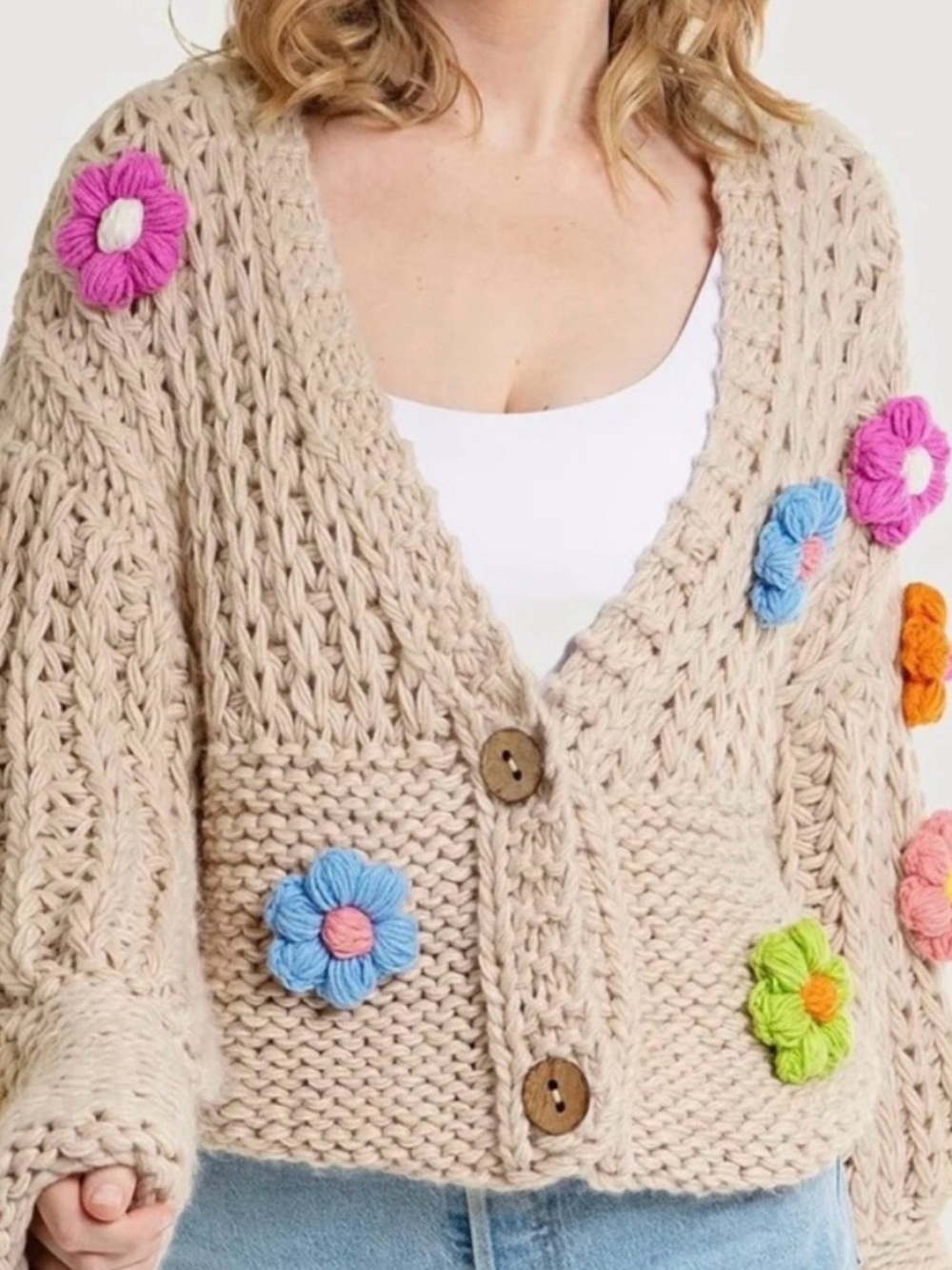 SAACHI Beige Chunky Knit Cardigan with Multicolor Flower Appliqués